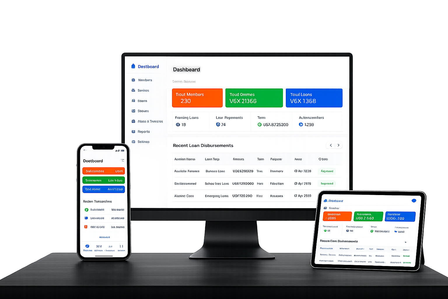 Mertrix SACCO dashboard on desktop, mobile and tablet